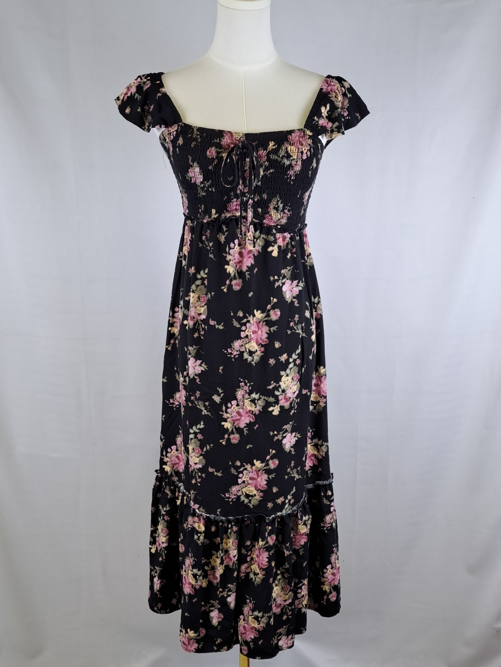 Black Tiered Sweetheart Maxi Dress w Pink Floral Print Romantic Y2K Coquette S